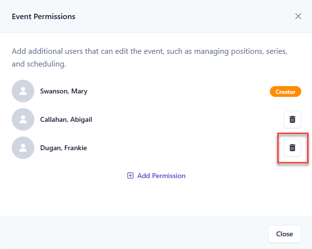 Delete permission button